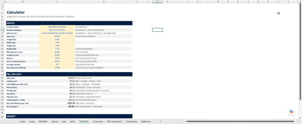 screenshot of the Merchant Sheets Amazon FBA calculator.