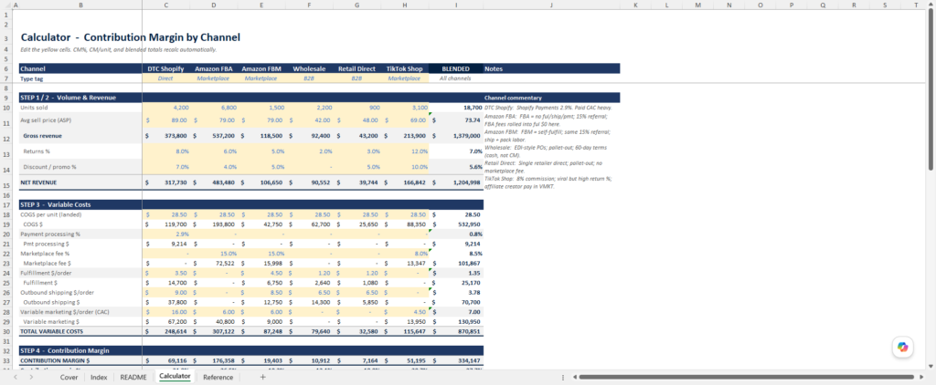 screenshot of the contribution margin by channel Merchant Sheets template.