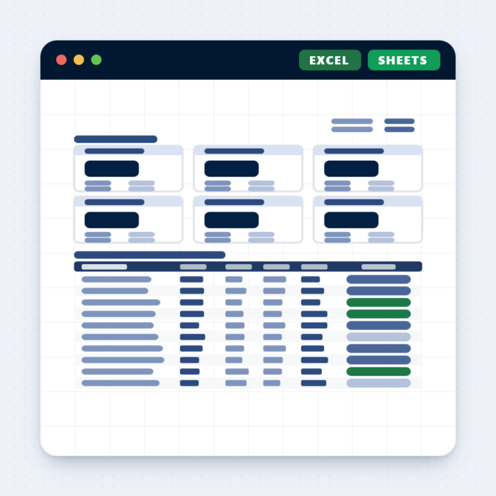 graphic representation of the Ecommerce KPI Dashboard template from Merchant Sheets.