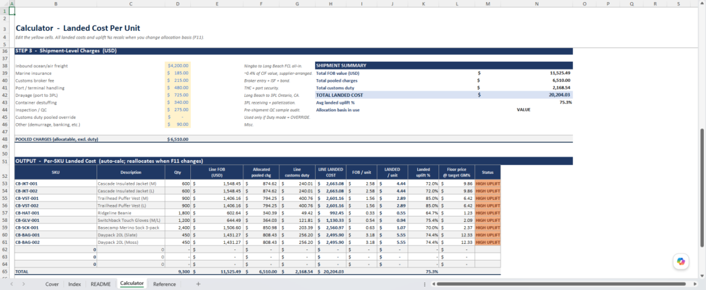 screenshot of the merchant sheets landed cost calculator template