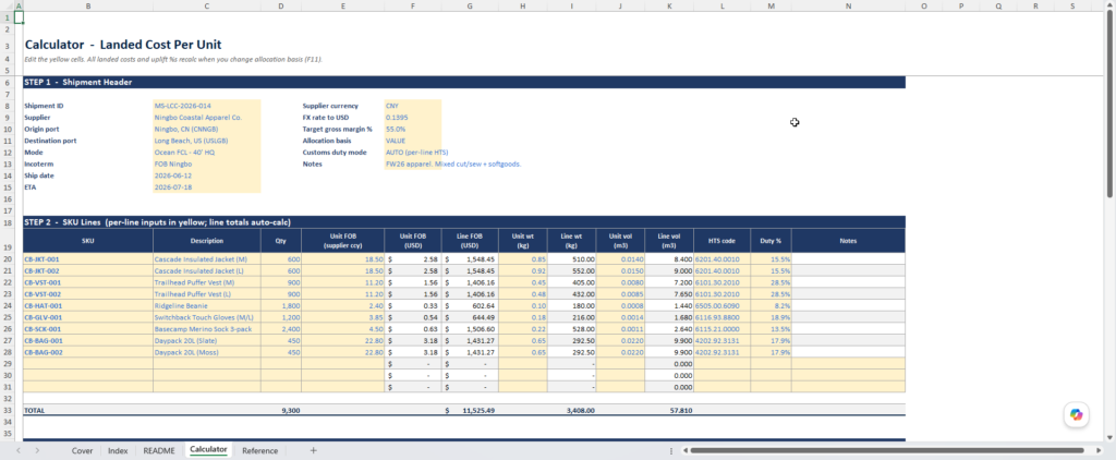 screenshot of the merchant sheets landed cost calculator template