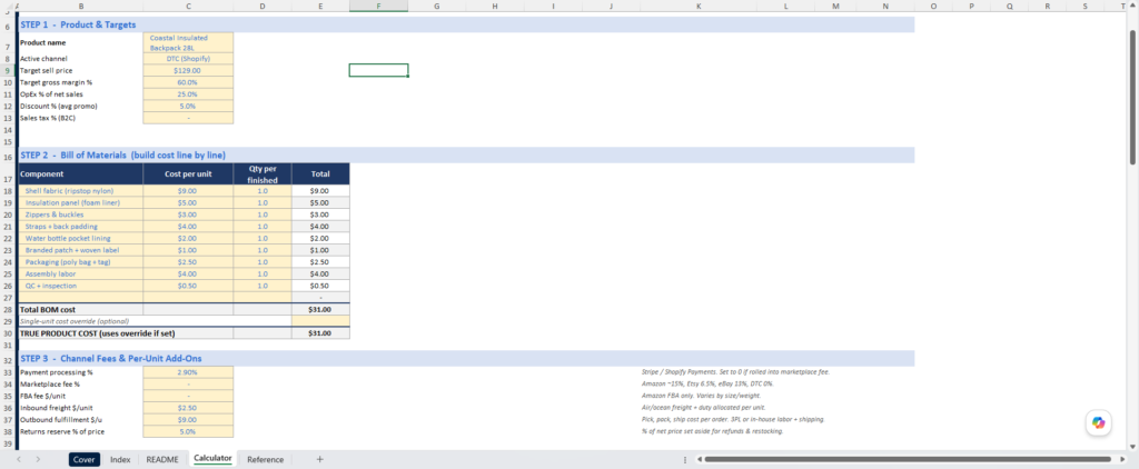 screenshot of the merchant sheets product pricing template