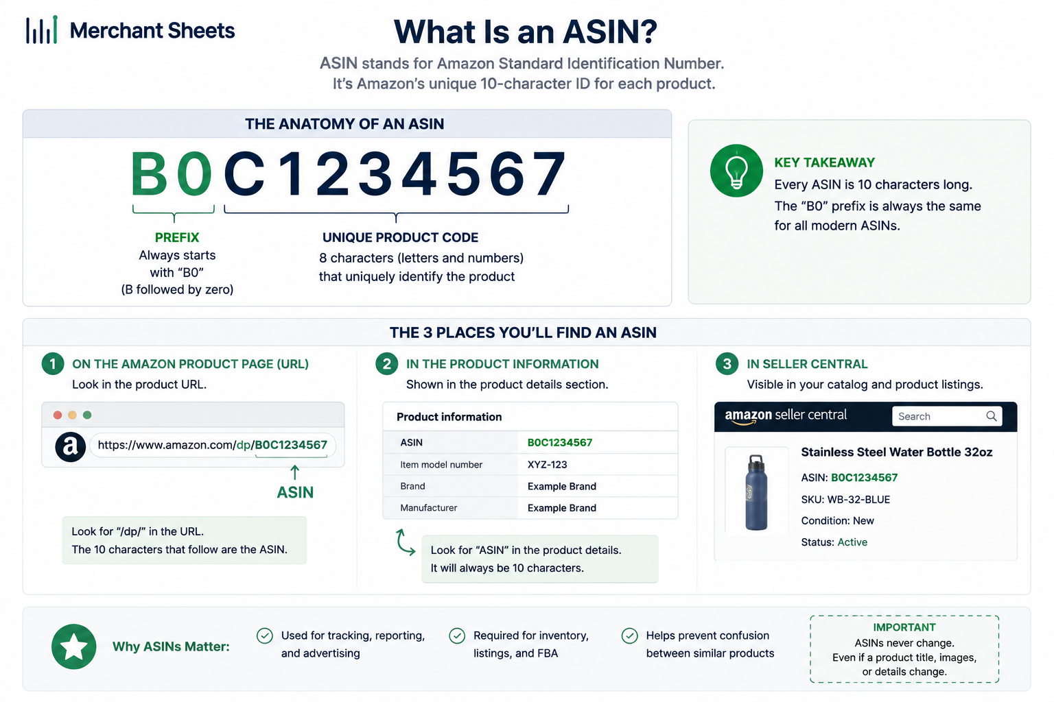 anatomy of an Amazon ASIN, a 10-character product identification code.