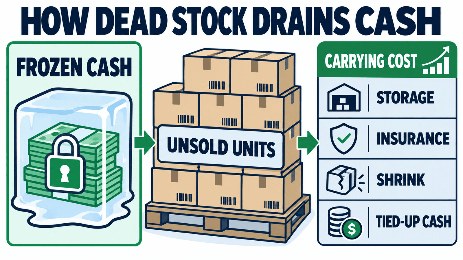 Why dead stock drains cash: frozen cash plus a 20 to 30% annual carrying cost.